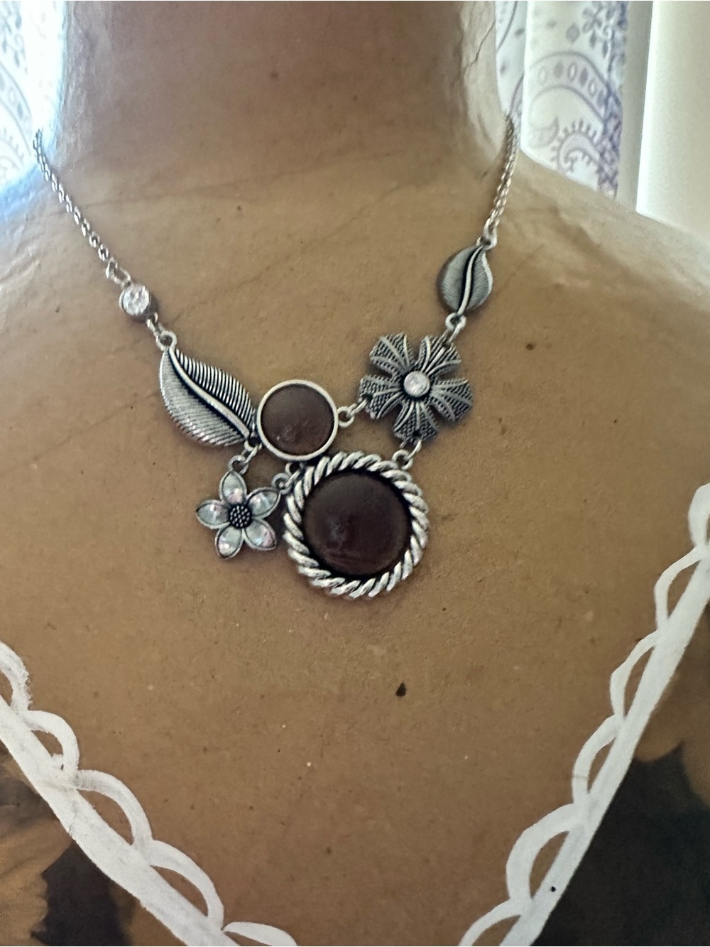Silver Floral Statement Necklace with Brown Accent Stones
